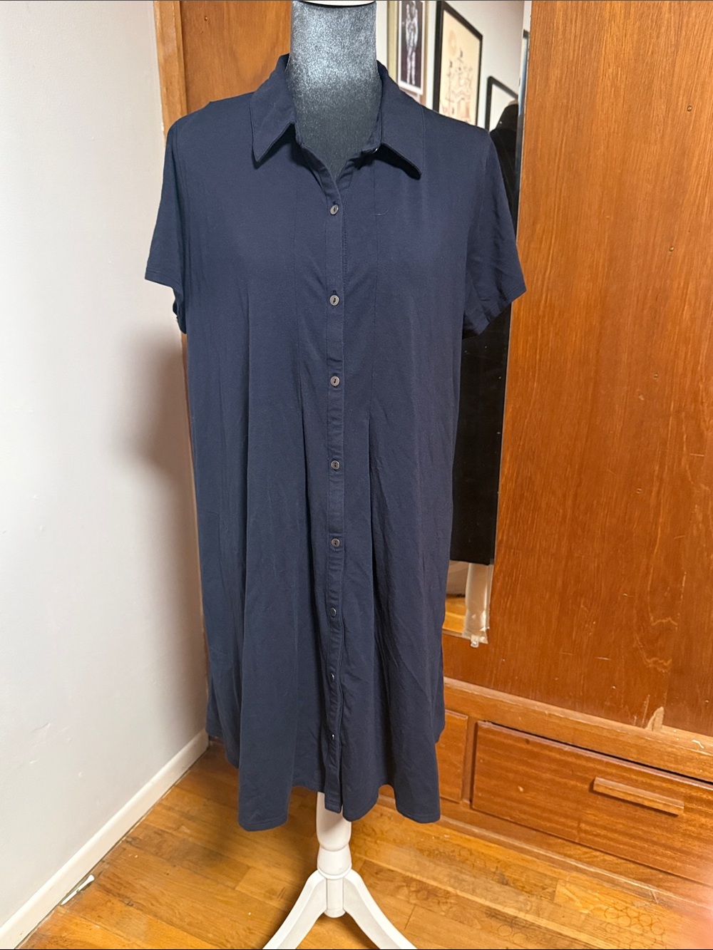 Navy Button-Front Collared Shirt Dress